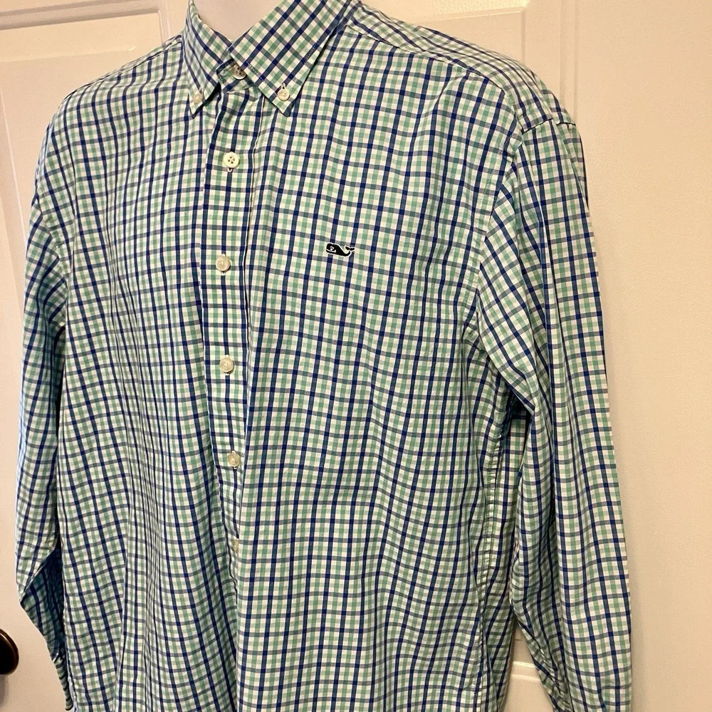 Vineyard Vines Sz Medium Whale Shirt Long‎ Sleeve Blue Plaid Button Up Men's